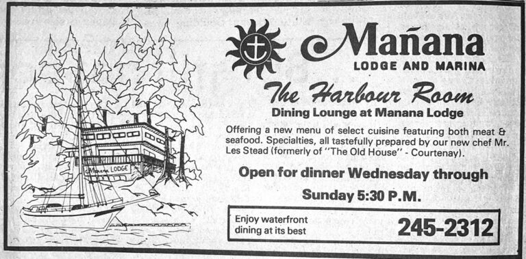 Advertisement with sketch possibly modelled on the above postcard photograph: Ladysmith-Chemainus Chronicle Sept 12 1979