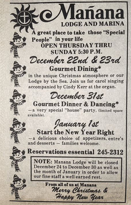 Advertisement for Christmas and New Year’s festivities at Mañana Lodge and Marina: Ladysmith-Chemainus Chronicle Dec 21 1983