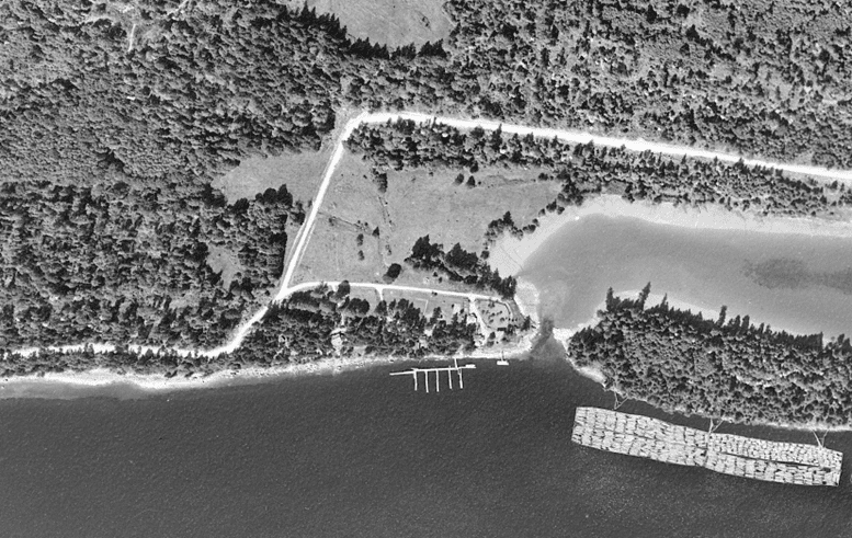 1959 air photograph of Page Point area showing development of roads and the marina