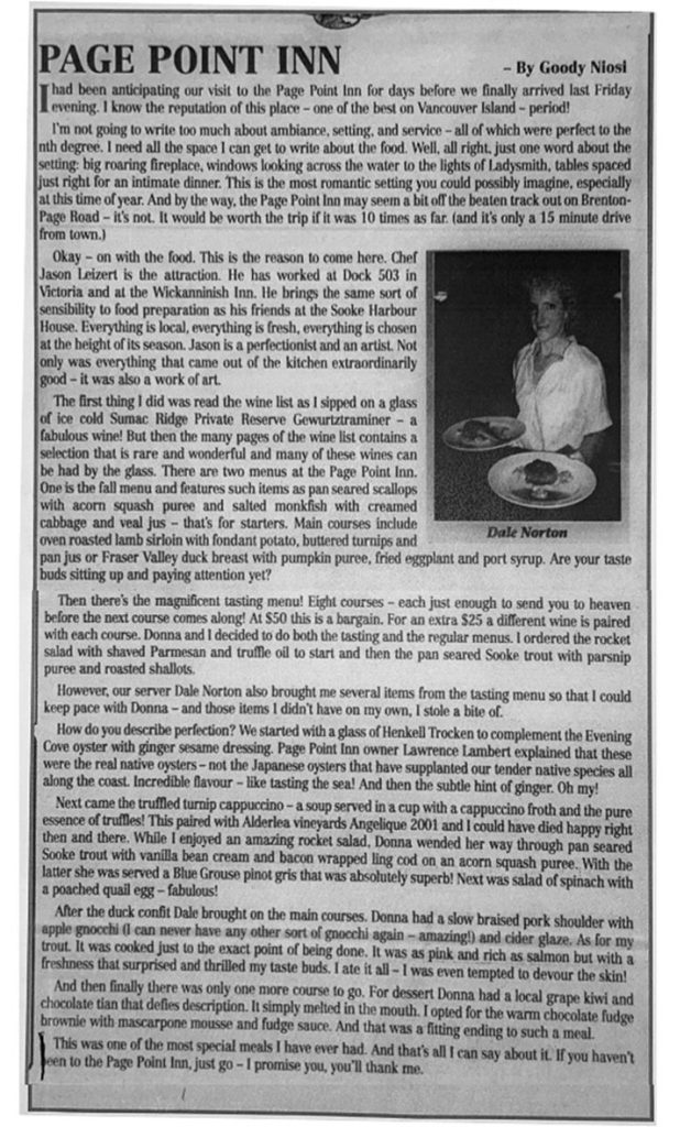 Review of dining at Page Point Inn by Goody Niosi of the Harbour City Star, November 6th 2002
